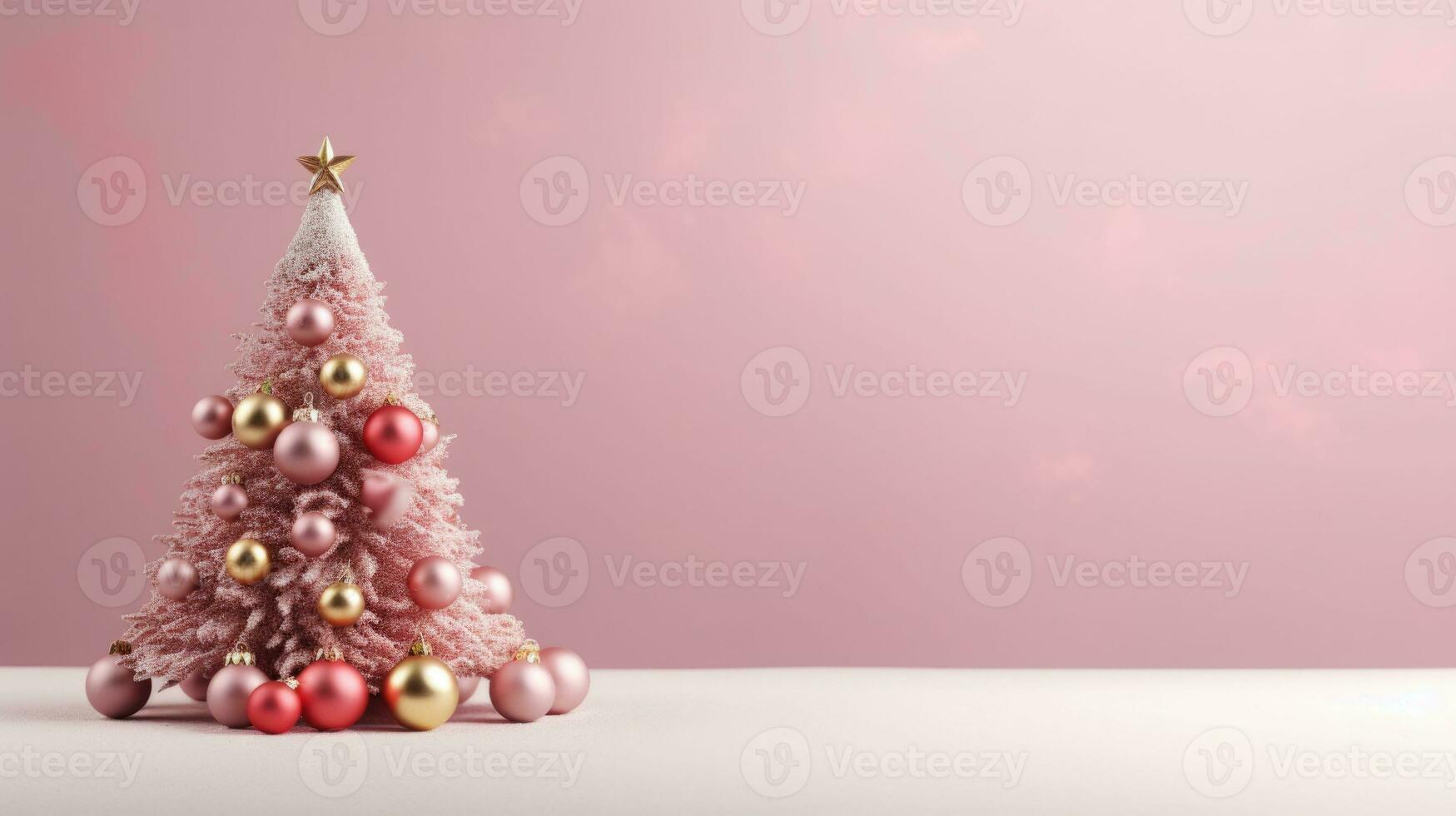 Small pink christmas tree with lights and glass balls. AI generated photo