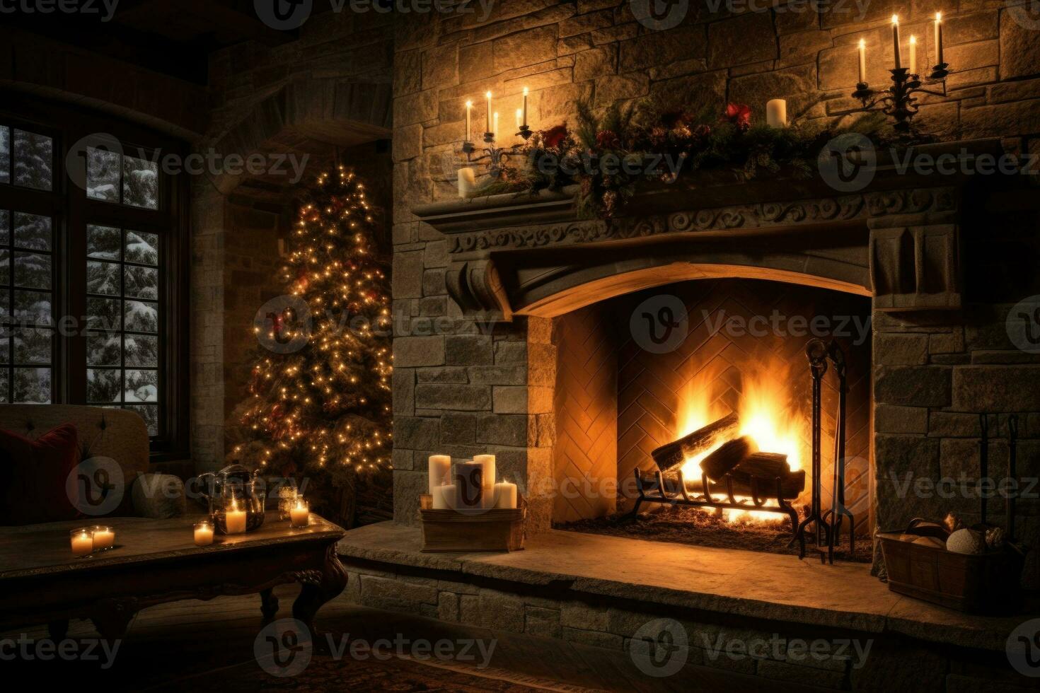 Glowing candles and a warm fireplace creating a cozy holiday ambiance. Christmas tree and other decorations at night. AI generated photo