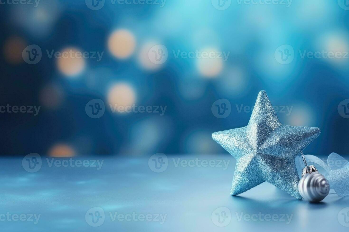 Navidad decoración de azul color en azul borroso antecedentes. estrella a Decorar el árbol. Navidad concepto. ai generado foto