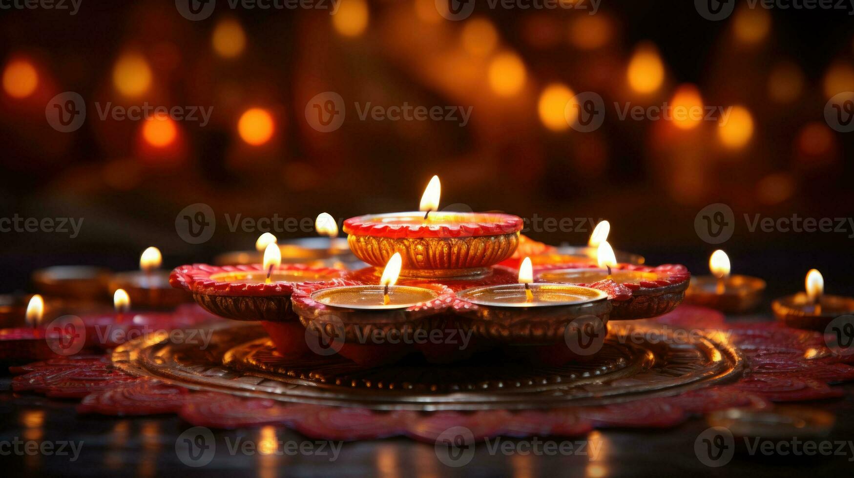 Colorful traditional oil lamps diya lit during diwali celebration. Hindu festival of lights celebration. AI generated photo