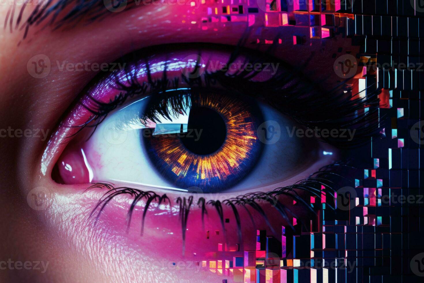 Close up of binary code reflected in the eye. Generative AI photo