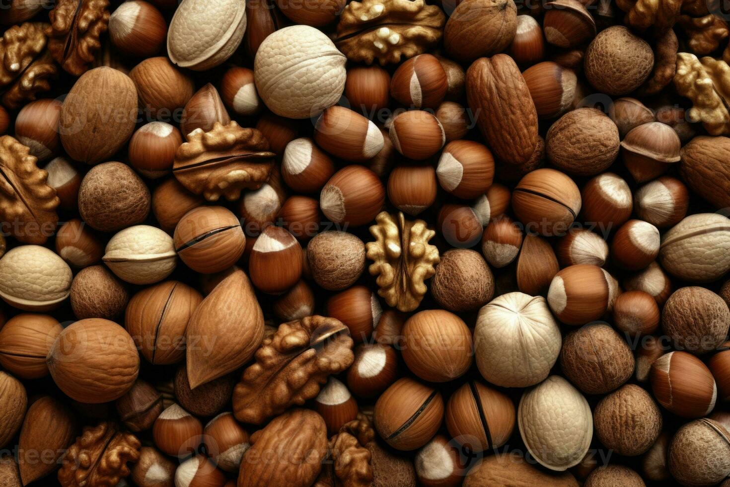 Natural background made from different kinds of nuts, top view. Generative AI photo