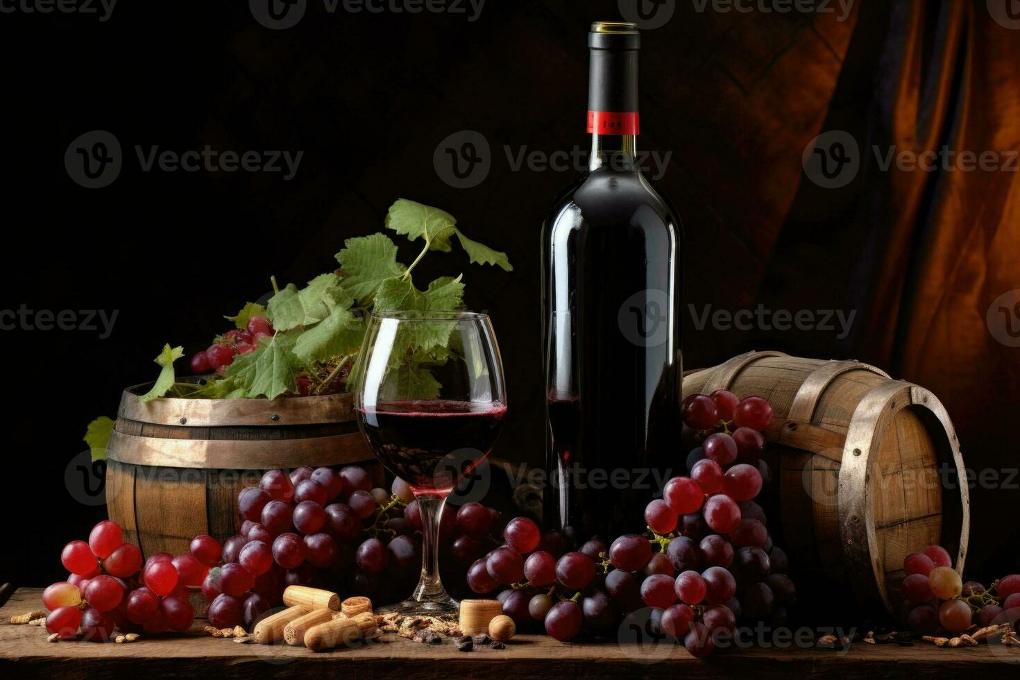 Red wine bottle, grape and wine glass near the wooden barrel. AI generated photo