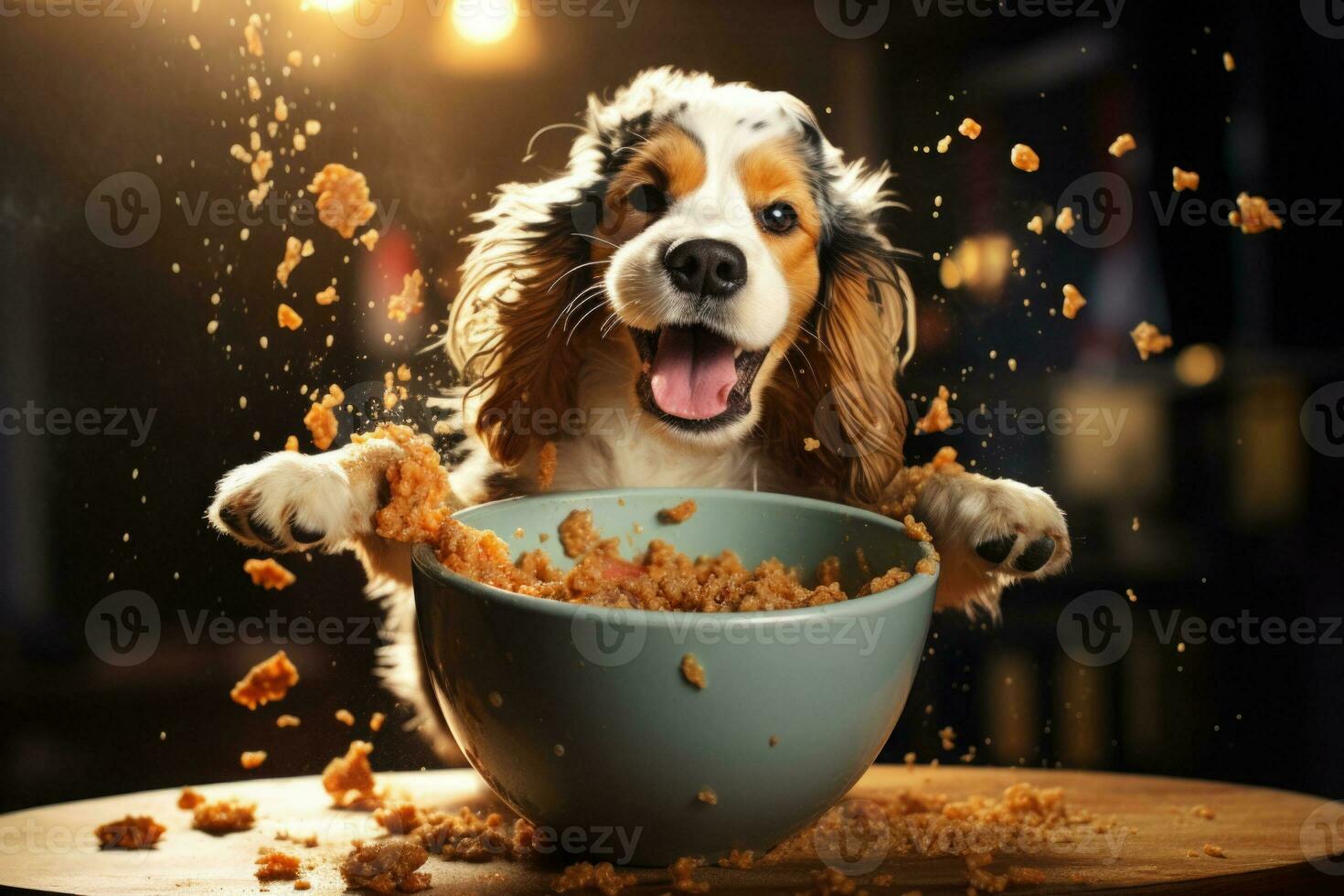 The dog eats food from a bowl, food particles fly into the air. Generative AI photo