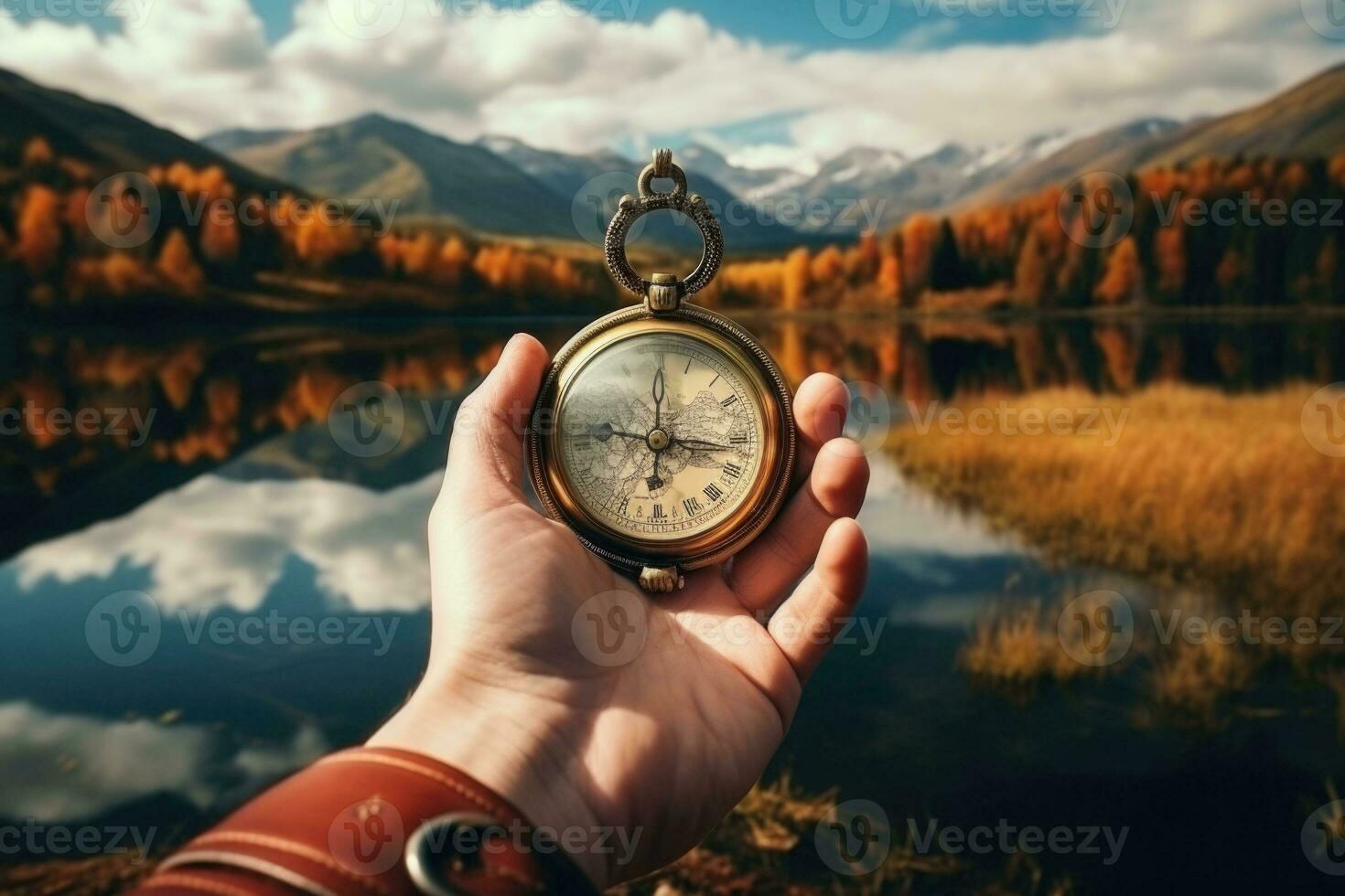 Beautiful landscape with old compass on traveler's hand. The concept of navigating the search for your own path. AI generated photo