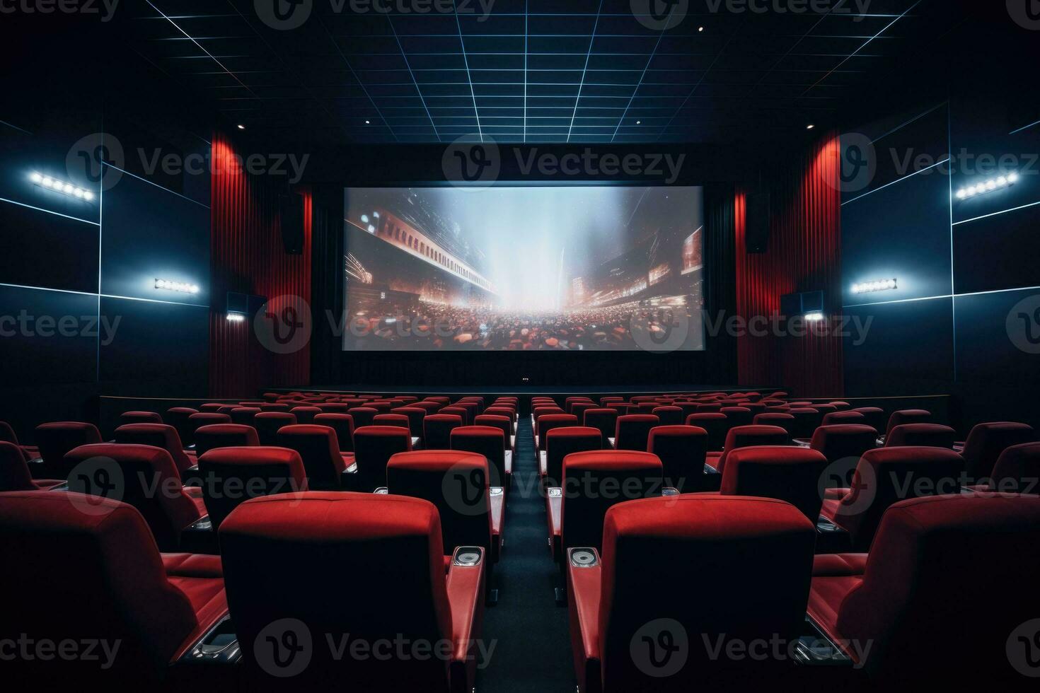 Empty modern movie theatre interior with screen and seats. Generative AI photo
