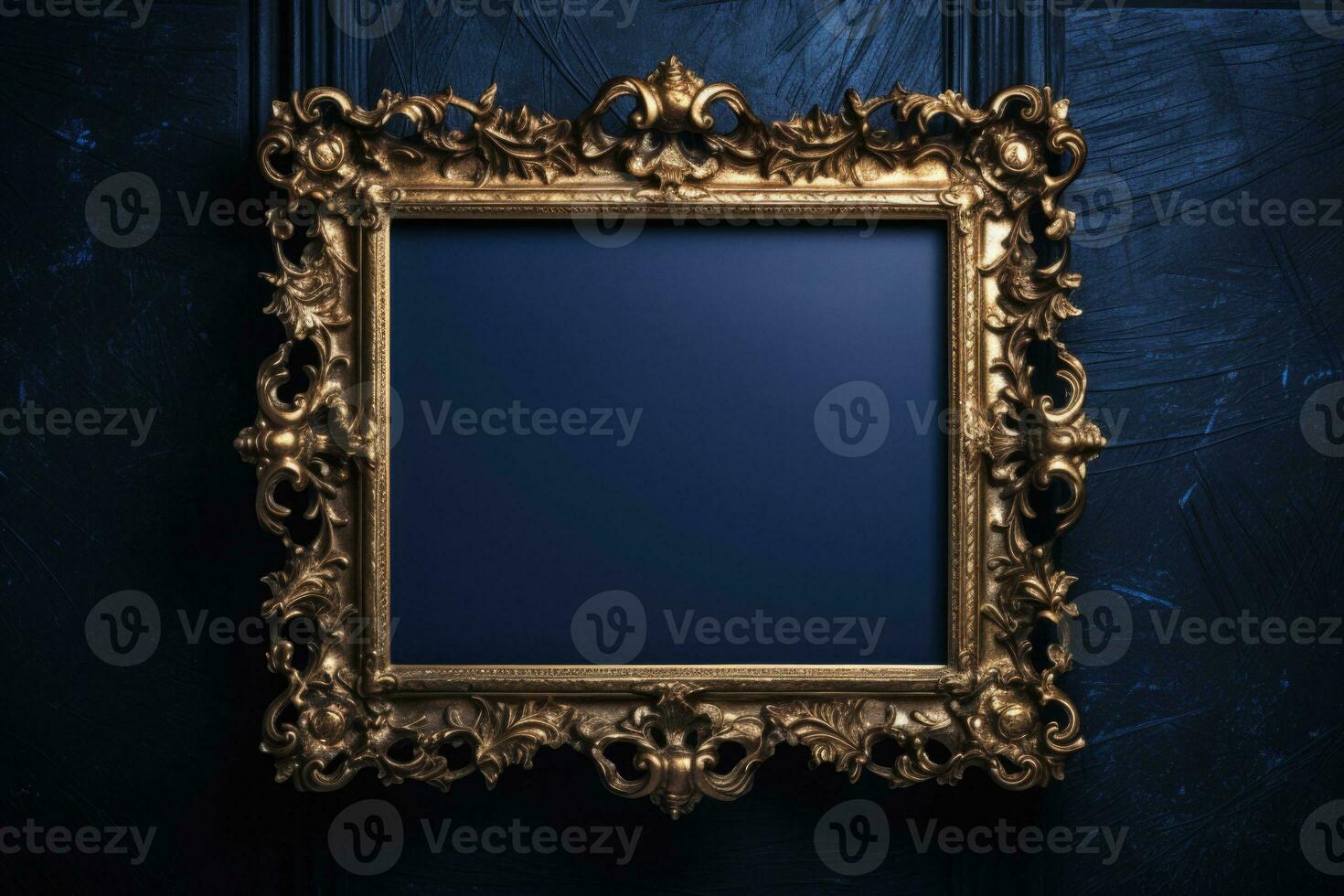 Old antique frame on the dark blue wall. AI generated photo