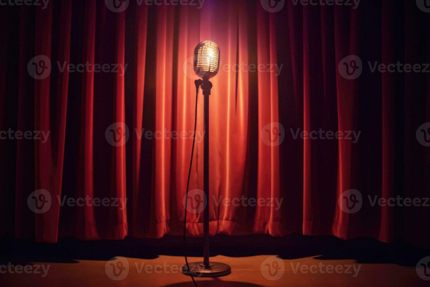 Microphone stand under a single spotlight. Stand up comedy. Stage of a club. Generative AI photo