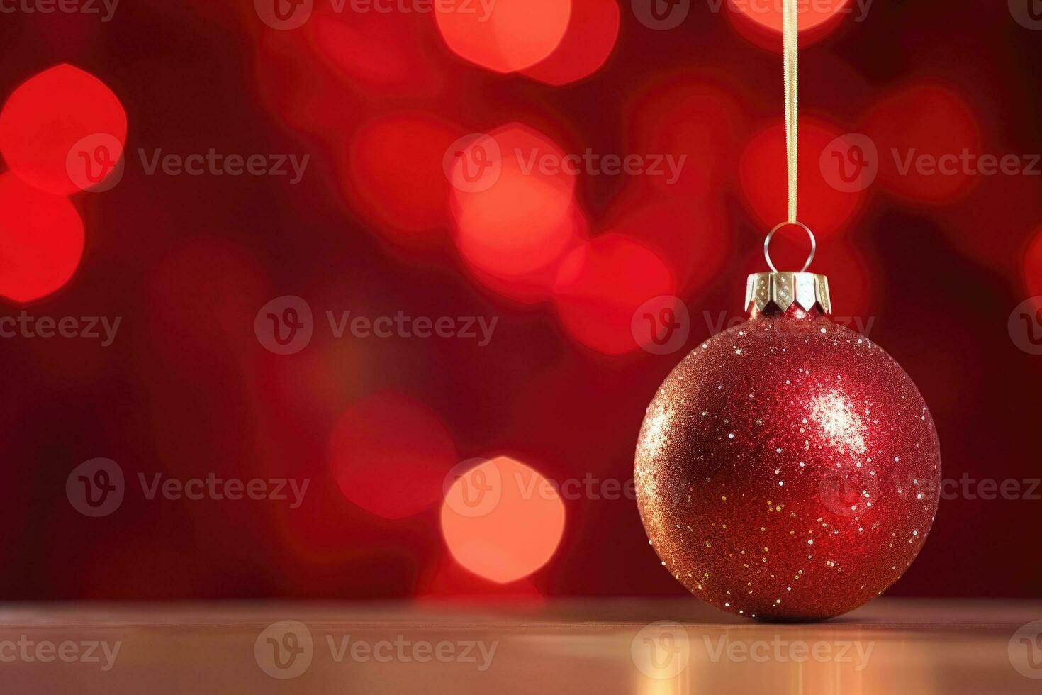 Red Christmas baubles decoration on red blurred background with lights. New Year greeting card. Minimal style. AI generated photo