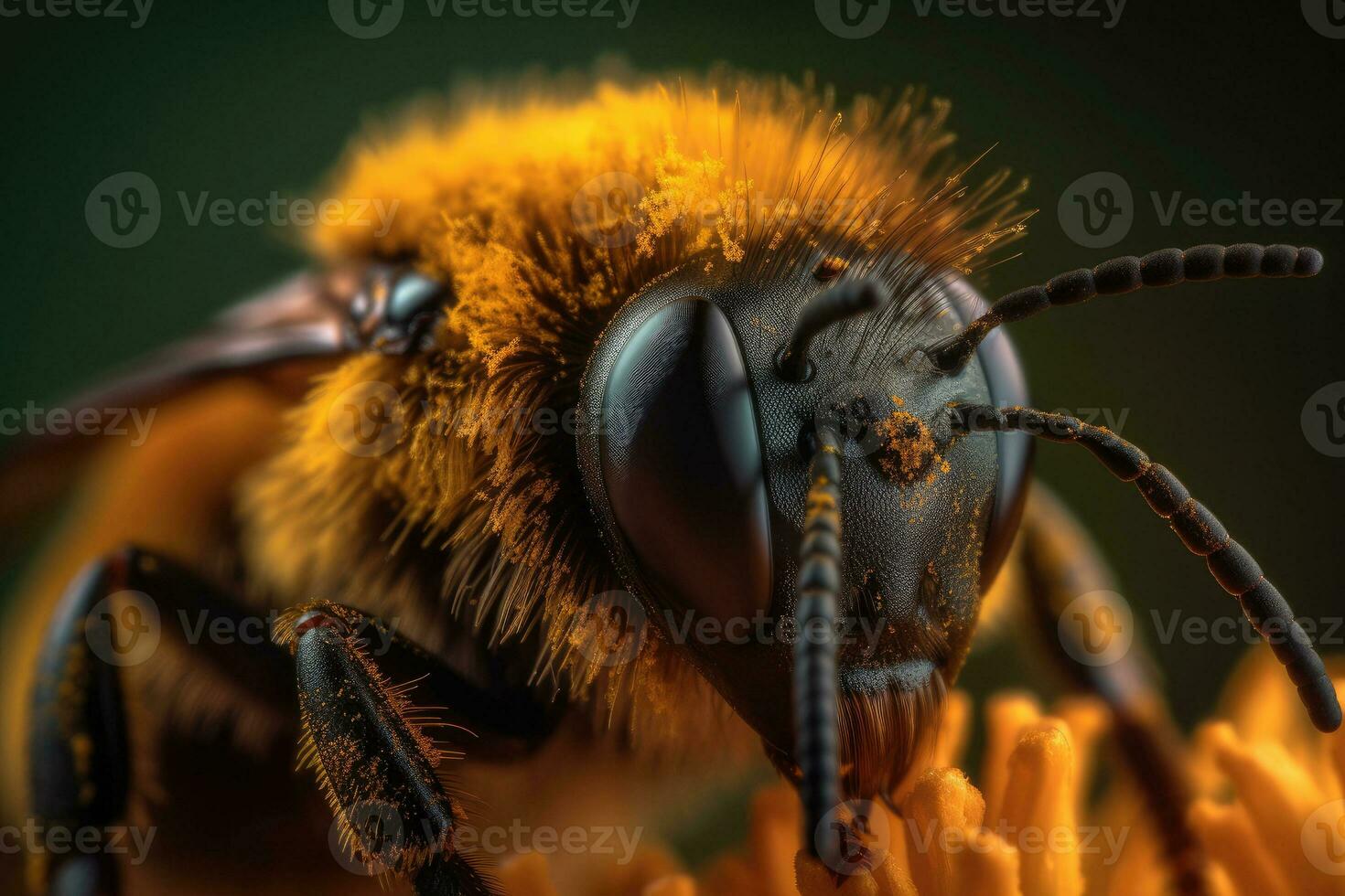 The bee with the pollen on its head and legs. A striking macro shot. Generative AI photo