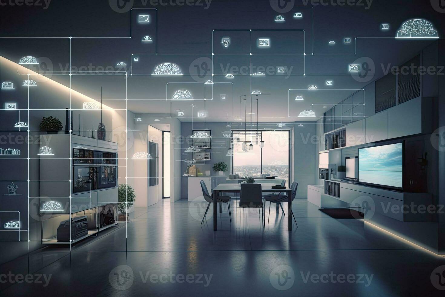 Interior of smart network house. Big data connection technology concept