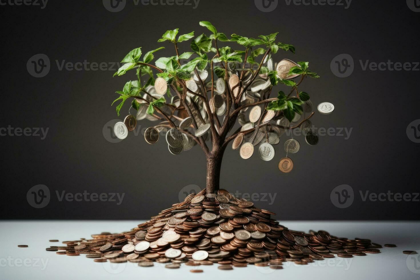 Tree growing on coins. Business finance investment concept. AI generated photo