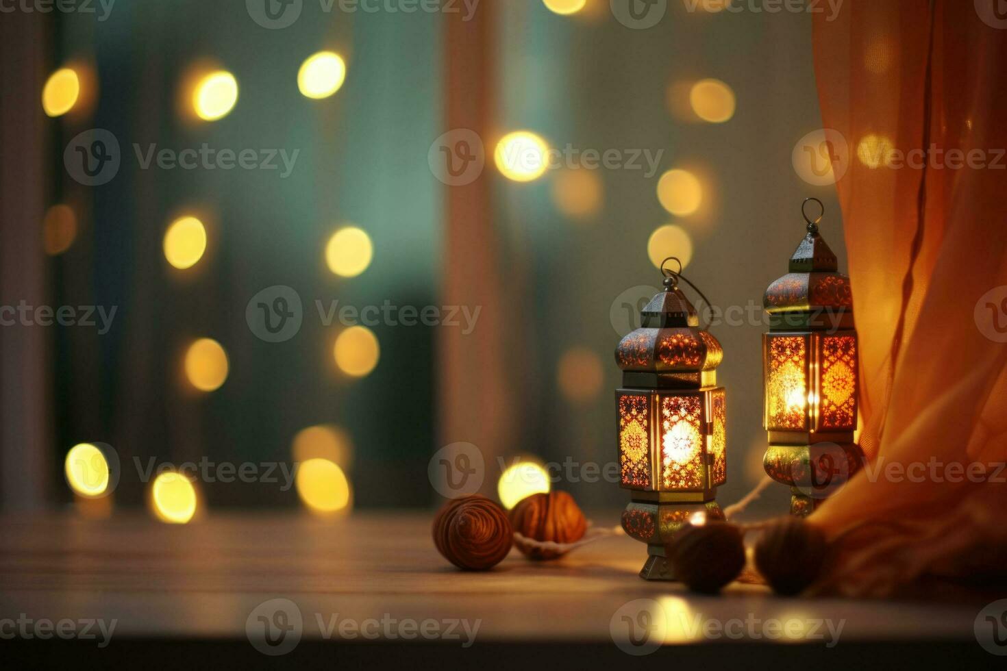 Atmosphere of Ramadan Kareem. Lamp on a blurred background adorned with curtain lights. AI generated photo