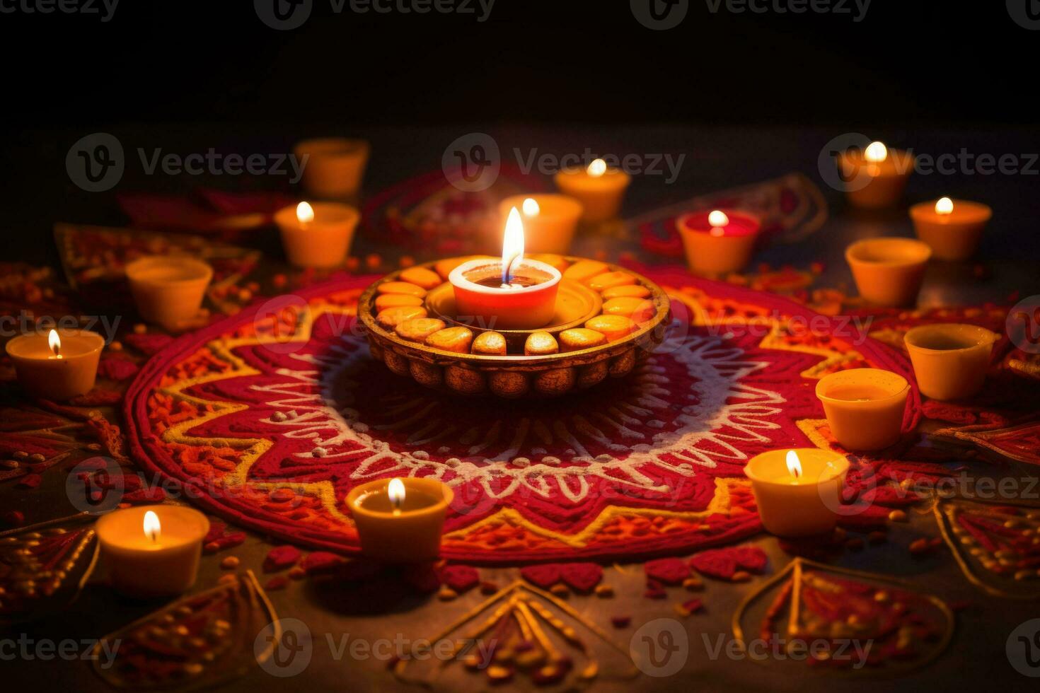 Lamps lit during diwali celebration. Lighting candles in rangoli patterns. AI generated photo