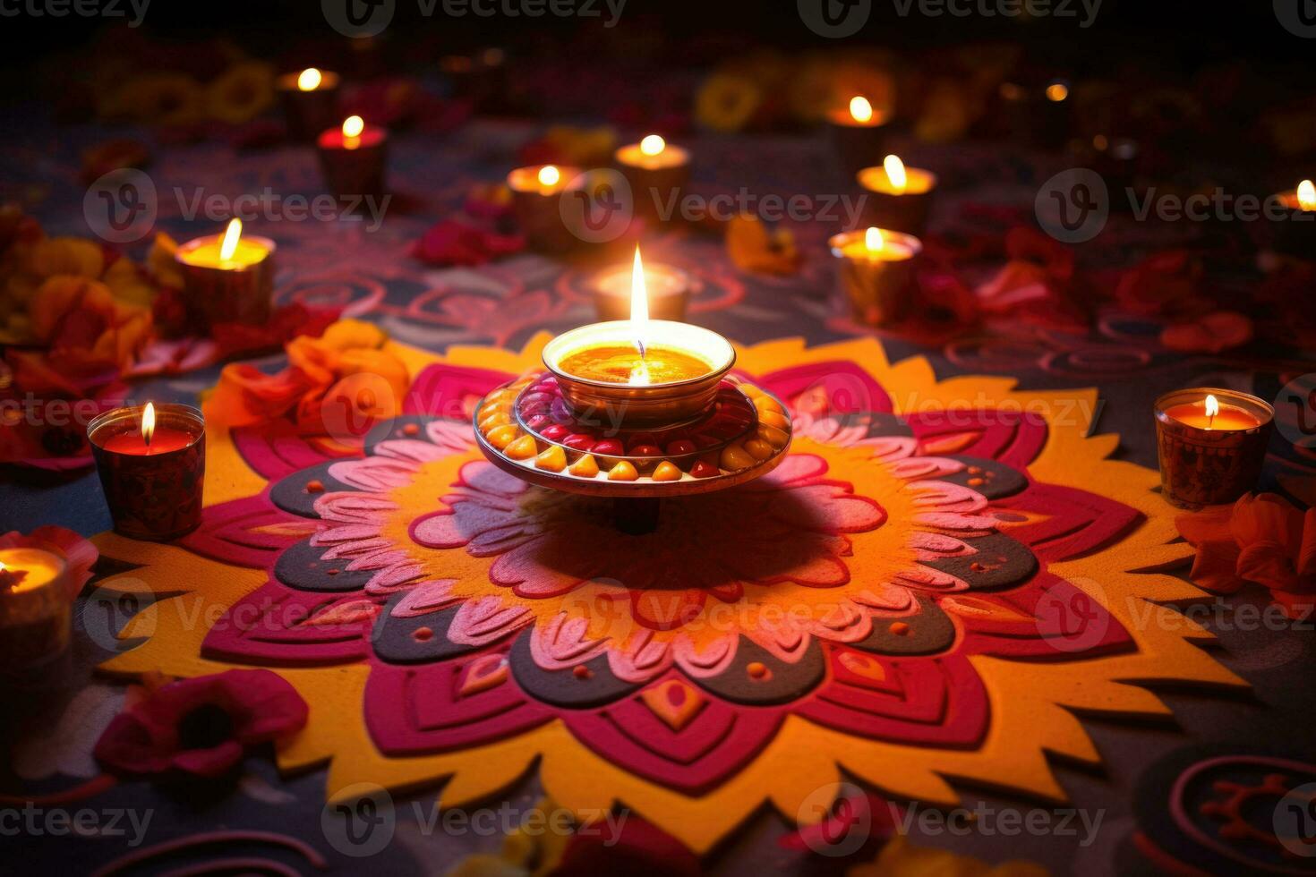 Lamps lit during diwali celebration. Lighting candles in rangoli patterns. AI generated photo