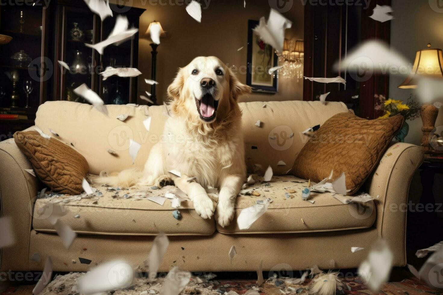 Dog destroying cushions on sofa. Naughty playful dog after biting a pillow. Generative AI photo