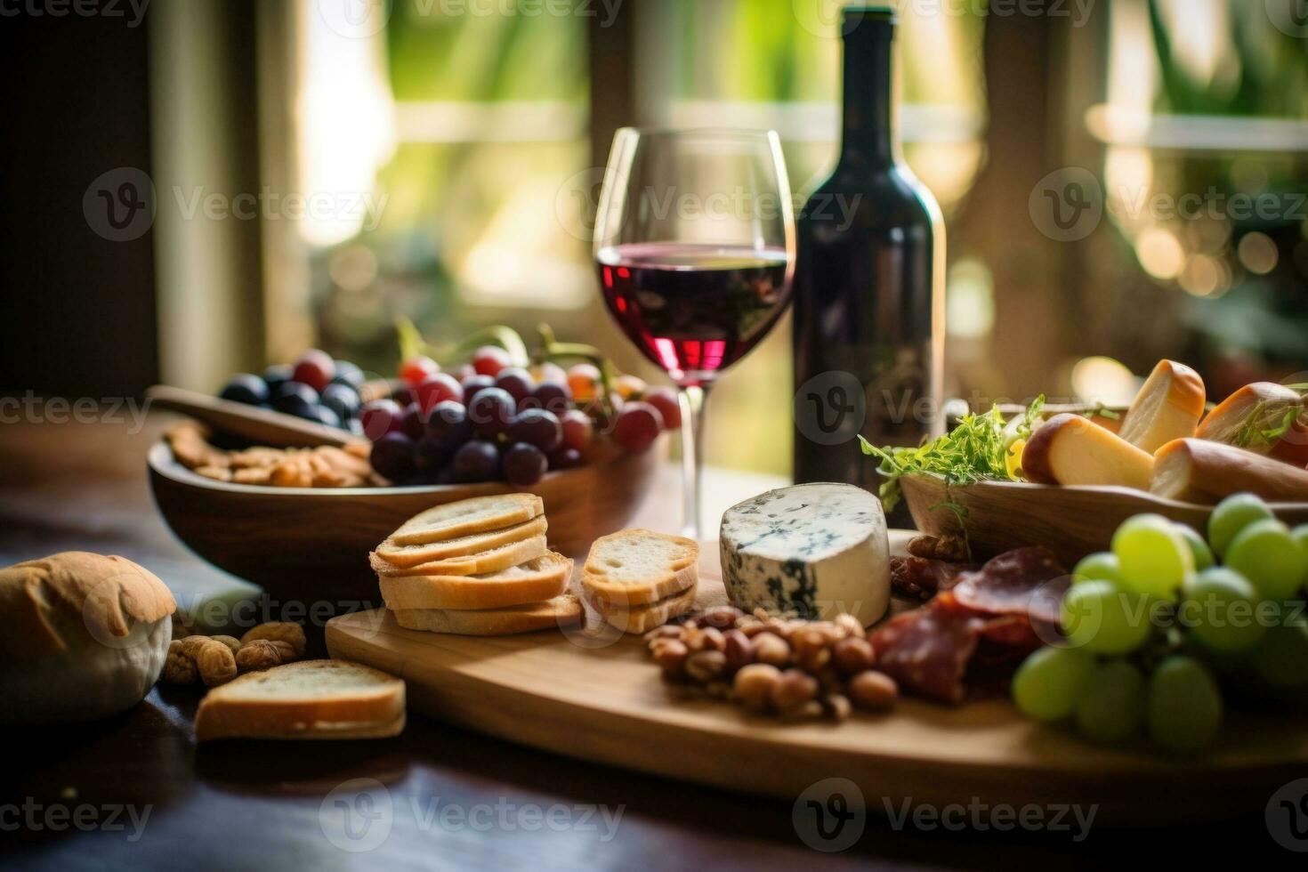 Food and wine assortment. Cheese, grape, meat and fruits on the wooden desk. Generative AI photo