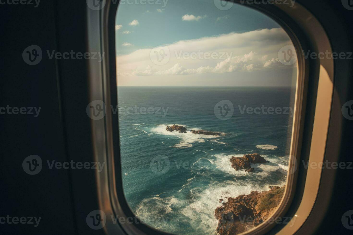 View of the beach and sea the airplane window. Travel and tourism concept. Generative AI photo