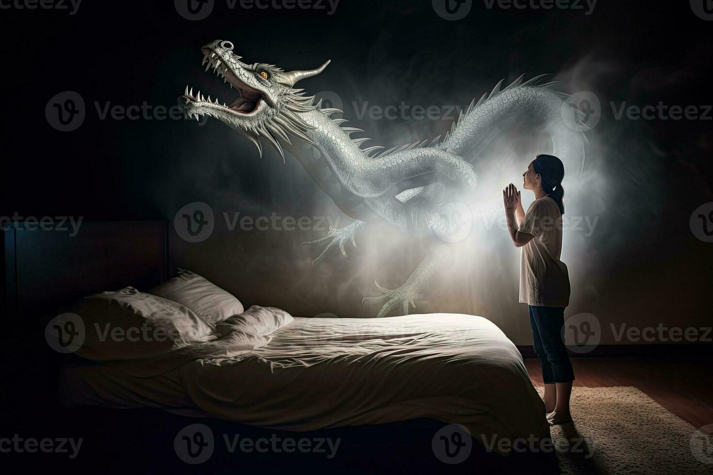 A woman watches a large dragon fly in the bedroom in the smoke next to the bed. Generative AI photo