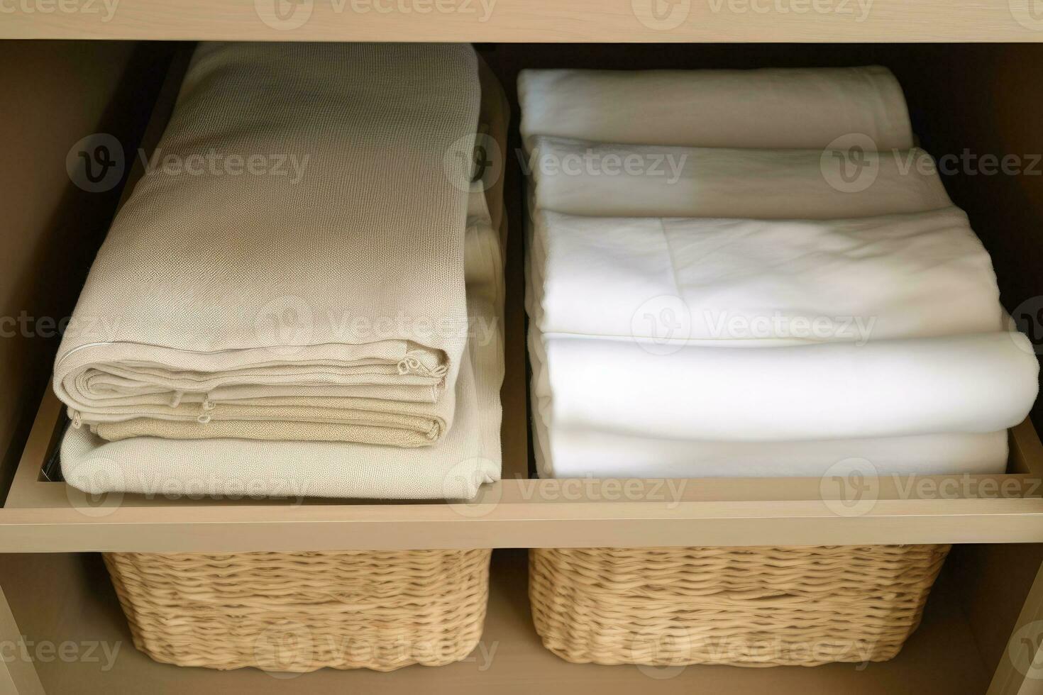 Bed linens closet arrangement on shelves. Minimalist comfortable storage. Generative AI photo