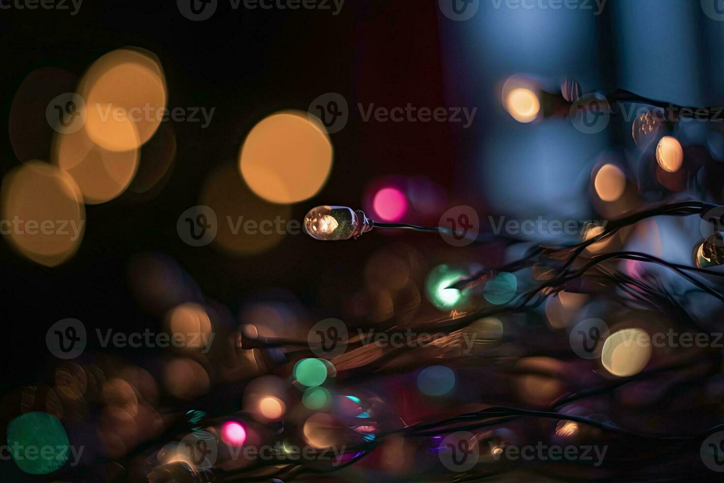 Festive background garland bokeh. Colorful string lights on a dark background. Generative AI photo