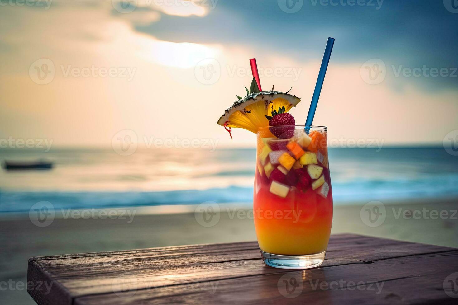 Tropical cocktail. Summer drinks and beach vacation background. Generative AI photo