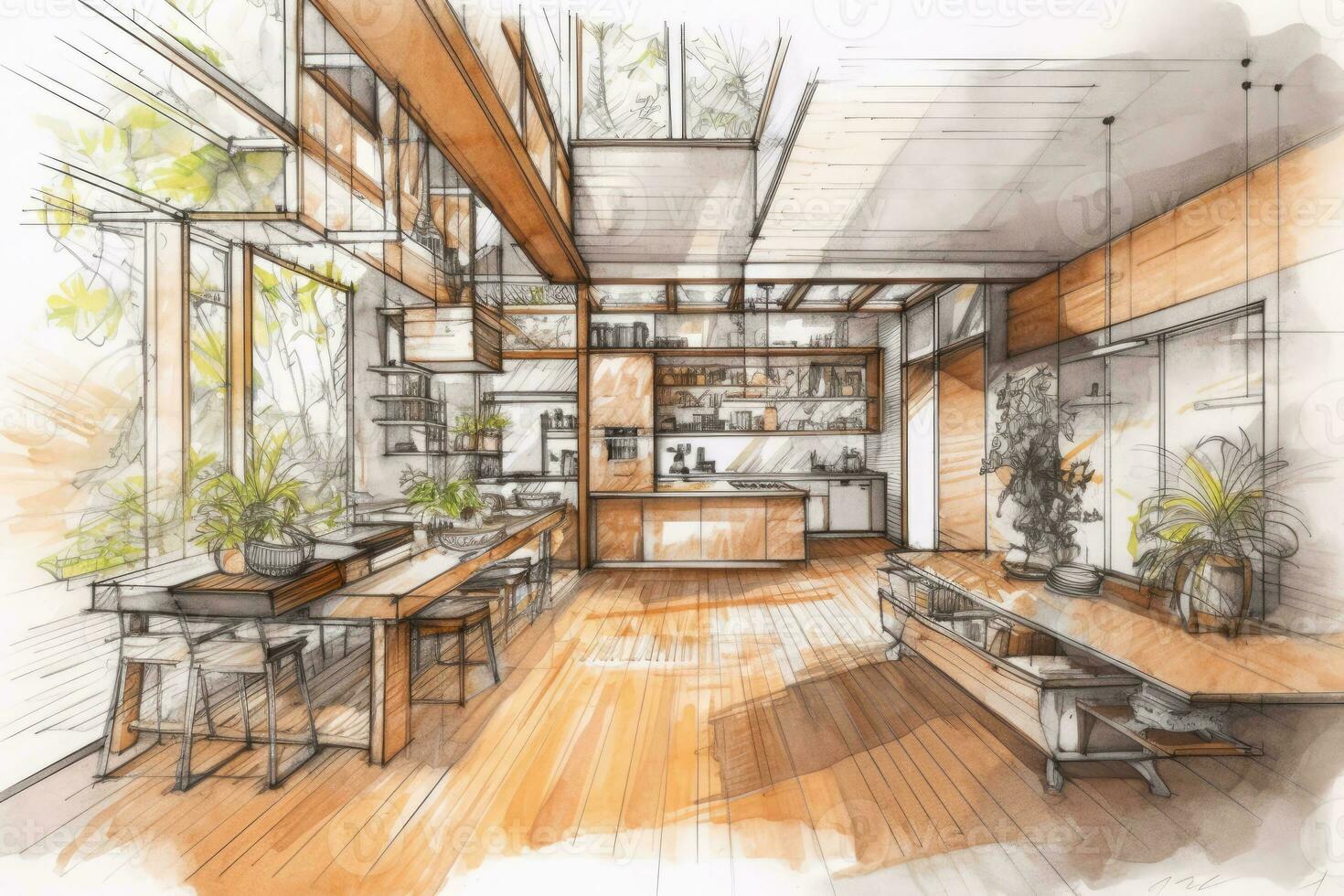 Detail focused hand drawn sketch of the interior of a sleek modern home. Generative AI photo