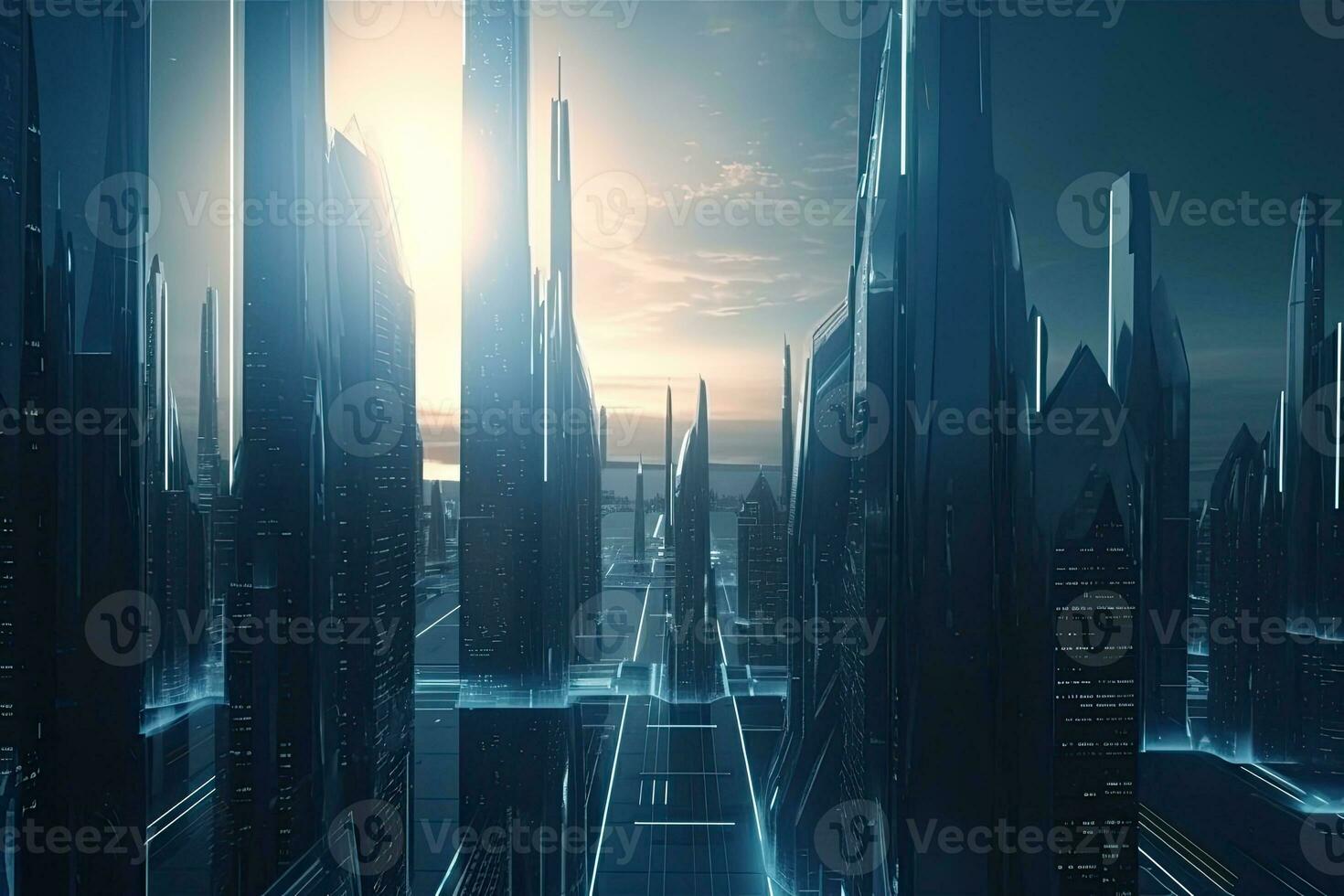Modern futuristic glowing city with tall skyscrapers and modern technology. Generative AI photo