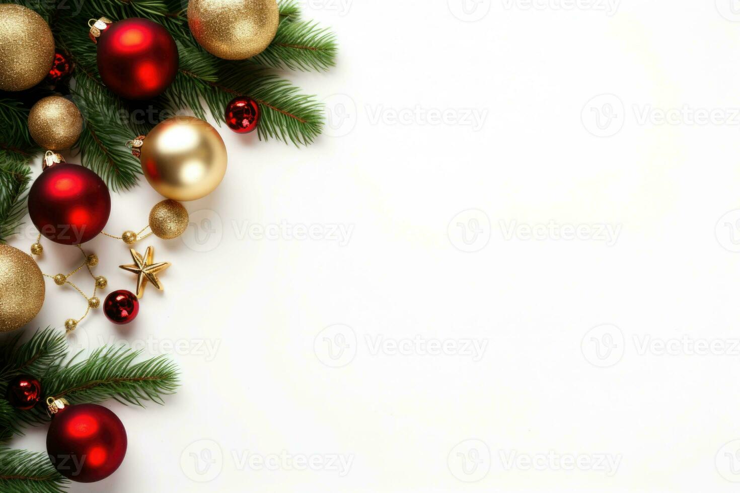 Christmas decoration with fir branches and baubles on a white background with copy space. AI generated photo