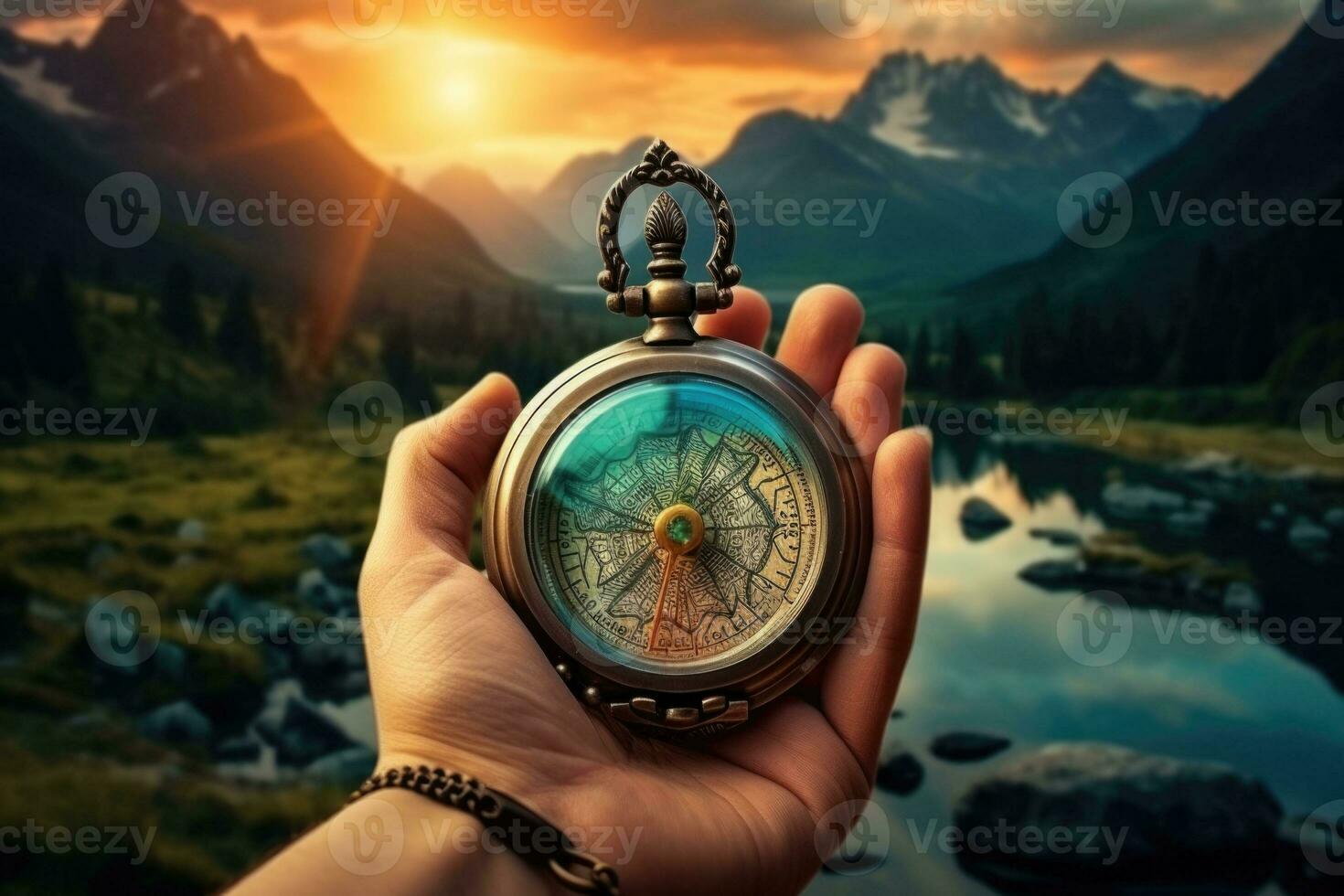 Beautiful landscape with old compass on traveler's hand. The concept of navigating the search for your own path. AI generated photo