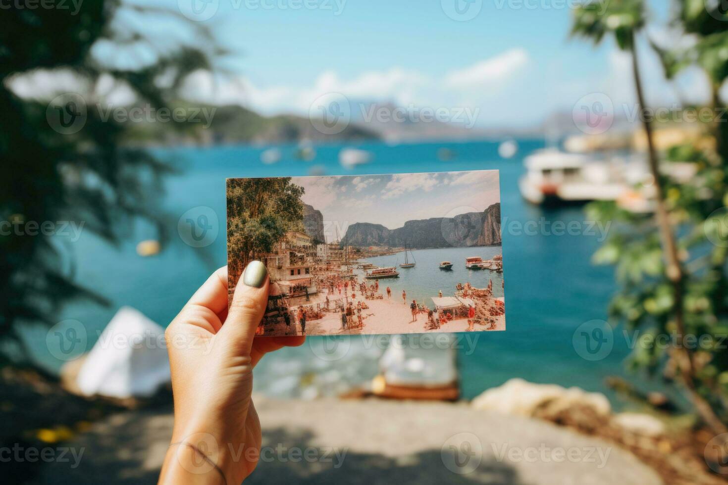 irreconocible turista sostiene tarjeta postal en frente de natural paisaje. ai generado foto