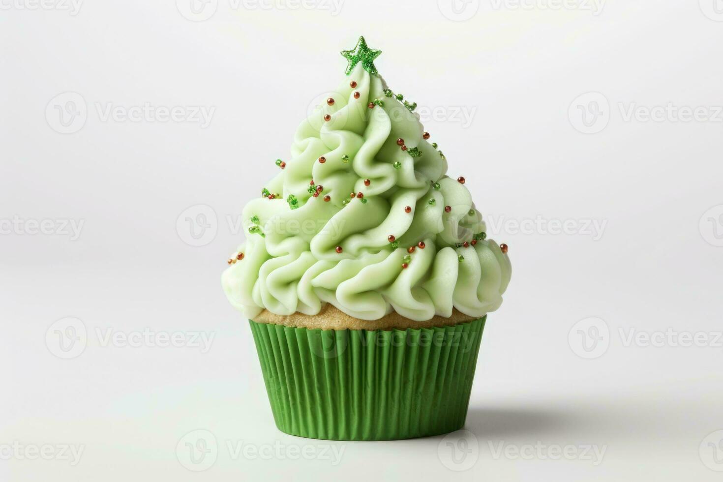 Green christmas tree shaped cupcake and christmas decoration. AI generated photo