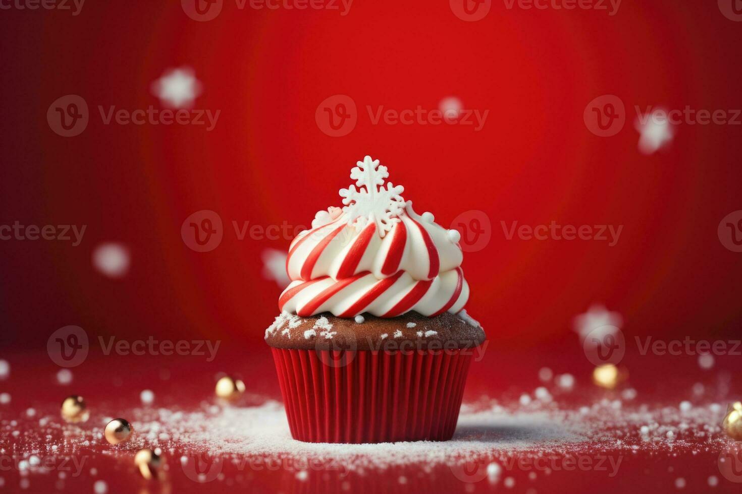 Red christmas cupcake, candy cane and christmas decoration. AI generated photo