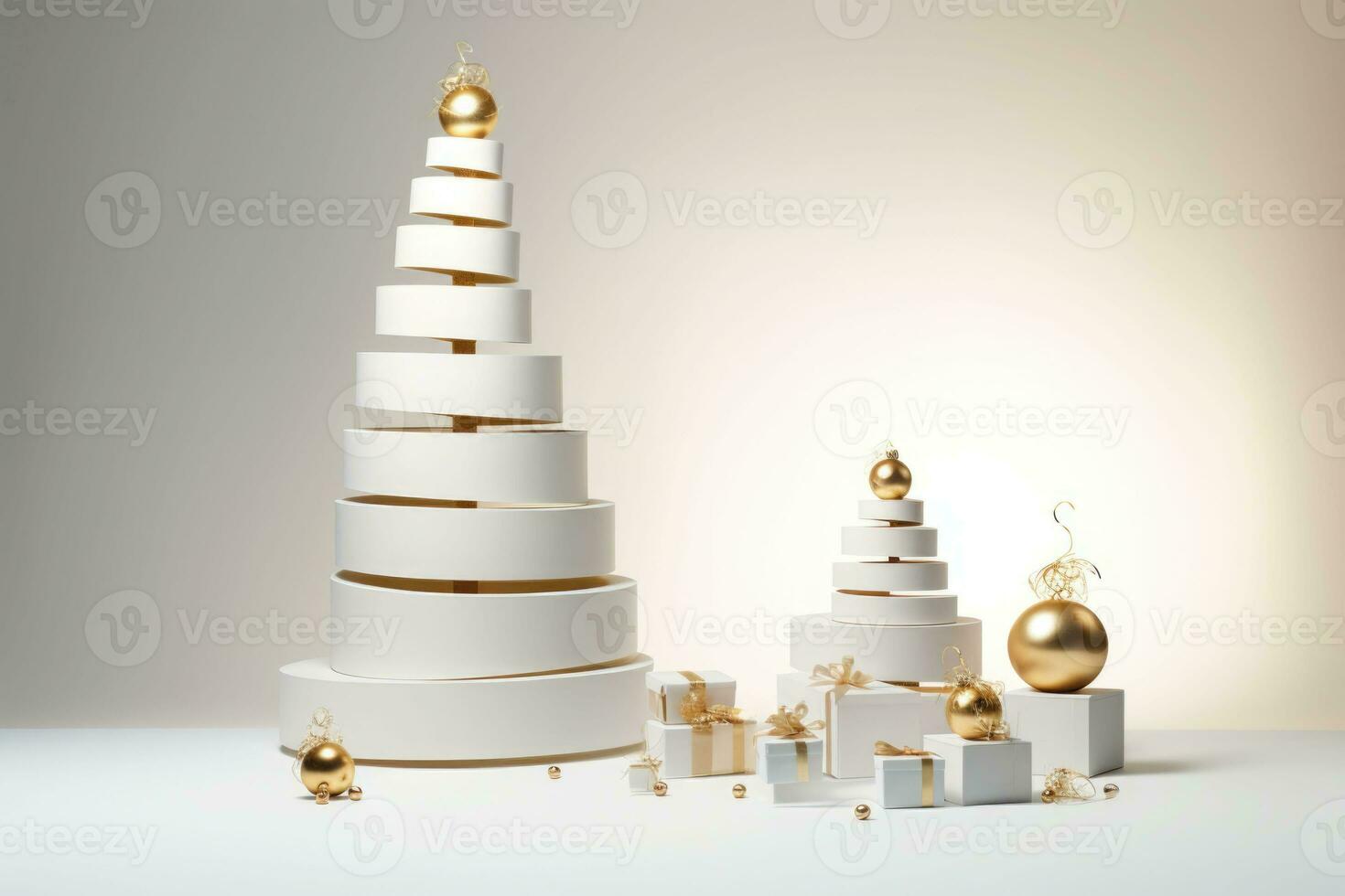 Christmas tower decoration with christmas presents. White minimal Christmas creative concept. AI generated photo