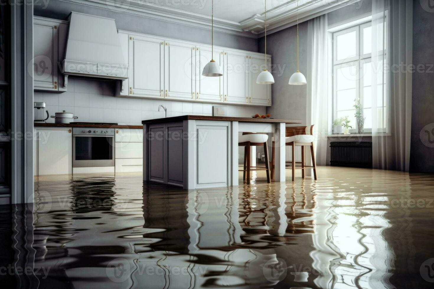 Flooded floor in kitchen from water leak. Damage. Property insurance. Generative AI photo