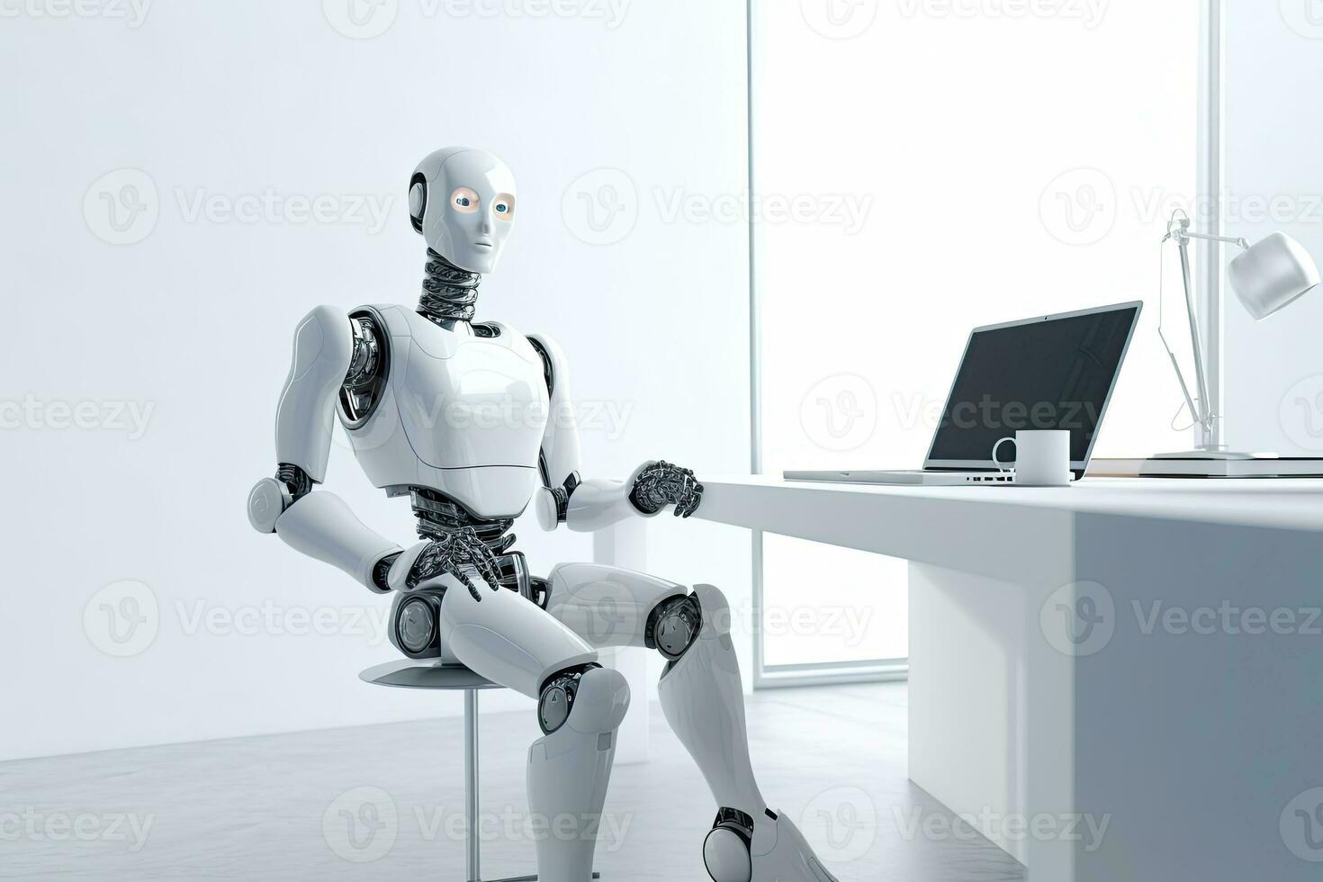 The robot works with a laptop in the office. Generative AI illustration photo