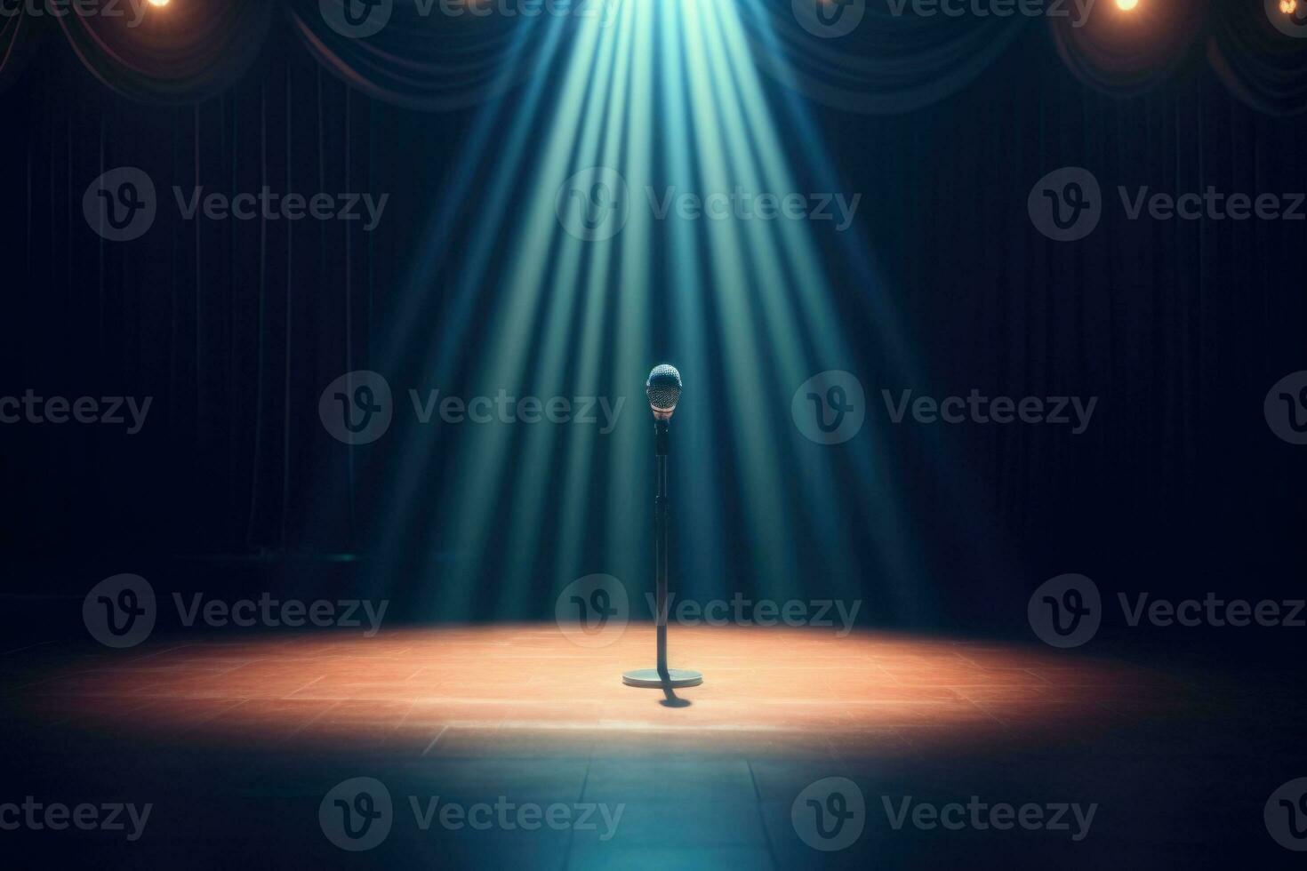 Microphone stand under a single spotlight. Stand up comedy. Stage of a club. Generative AI photo