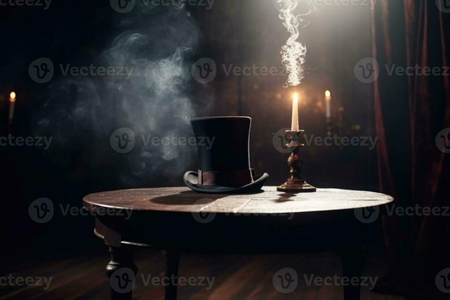 Magic show. Top hat on a table. Dark and mysterious atmosphere. Generative AI photo