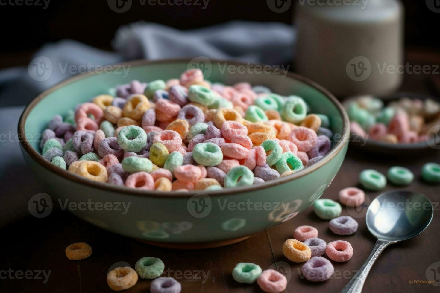 Pastel colored froot loops with small spoon. Delicious fruit cereal rings. Generative AI photo