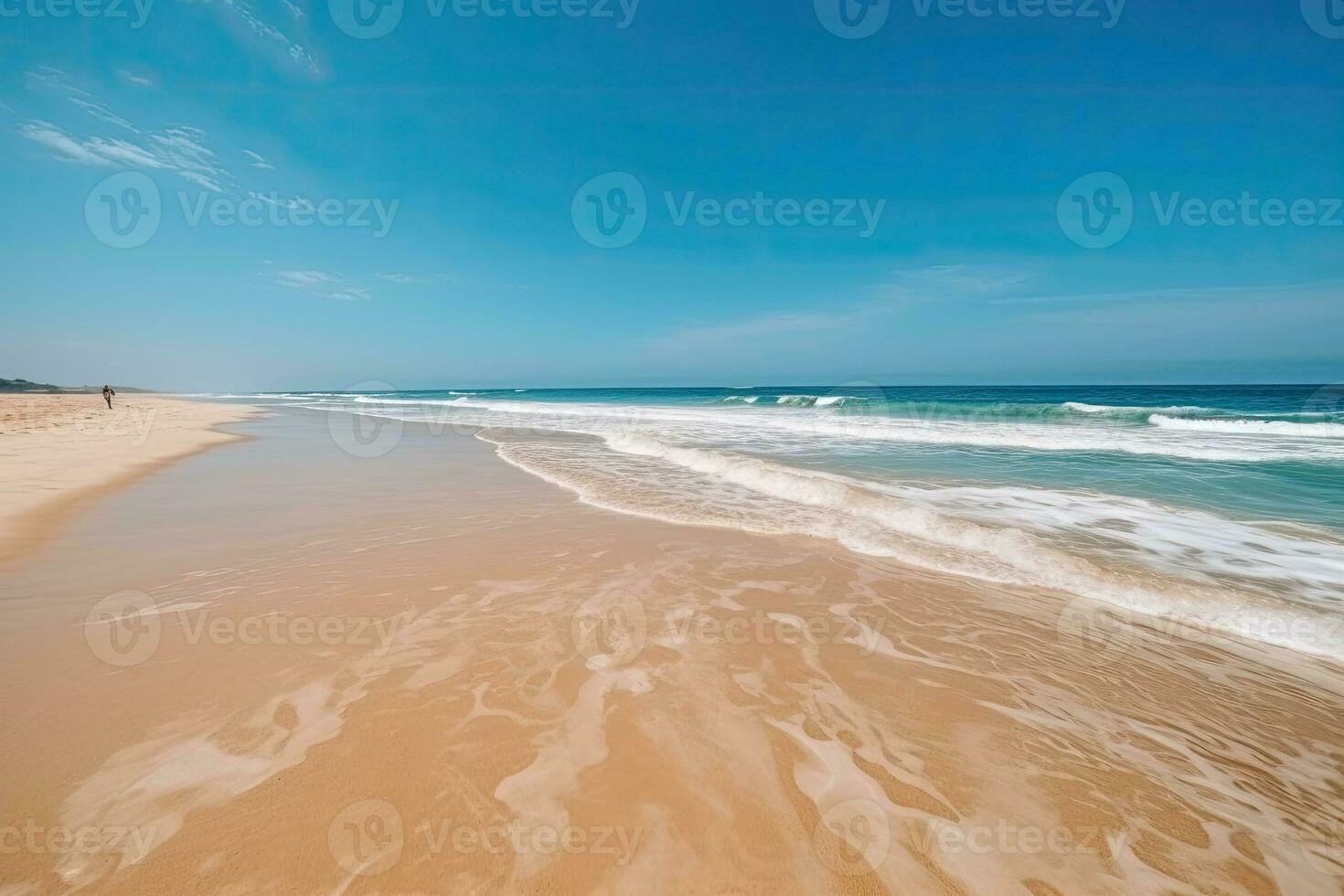 Tropical summer beach with golden sand, turquoise ocean and blue sky. Generative AI photo