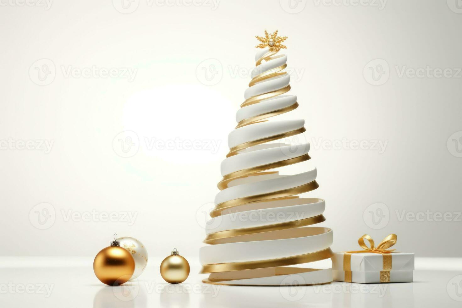 Christmas tower decoration with christmas presents. White minimal Christmas creative concept. AI generated photo