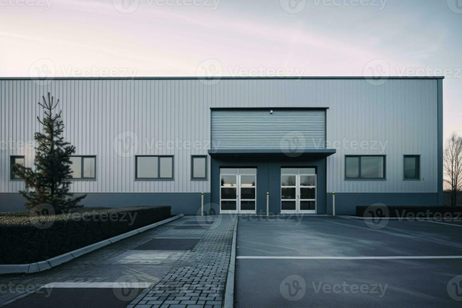 Exterior of a warehouse with an office unit. Large industrial or commercial buildings. Generative AI photo