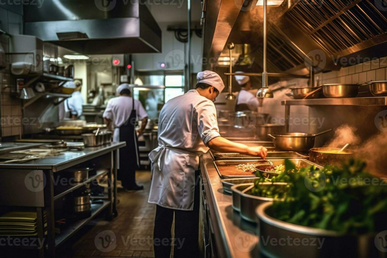 Chef cooking in a busy restaurant kitchen back view. Generative AI photo