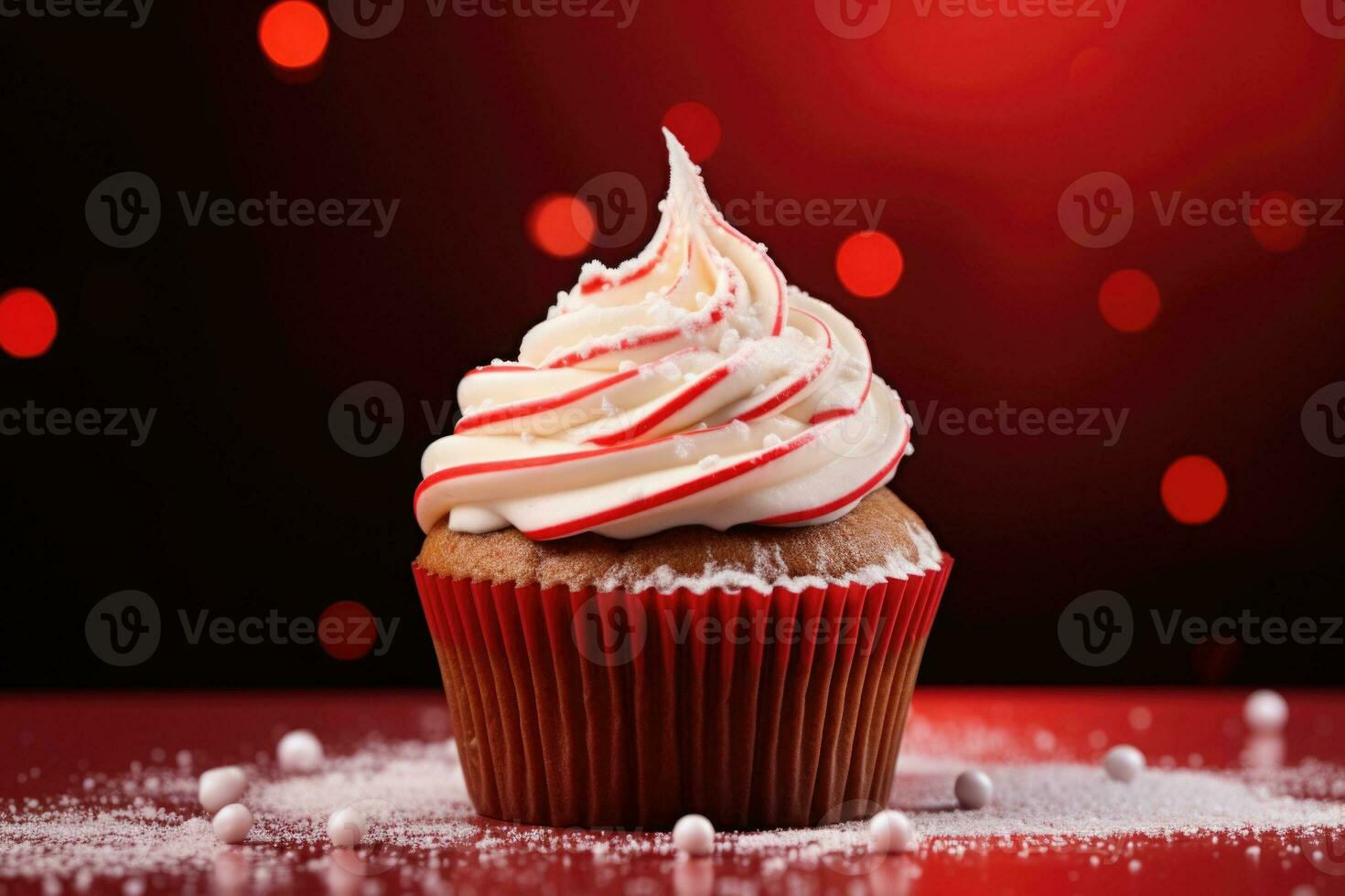 Red christmas cupcake, candy cane and christmas decoration. AI generated photo