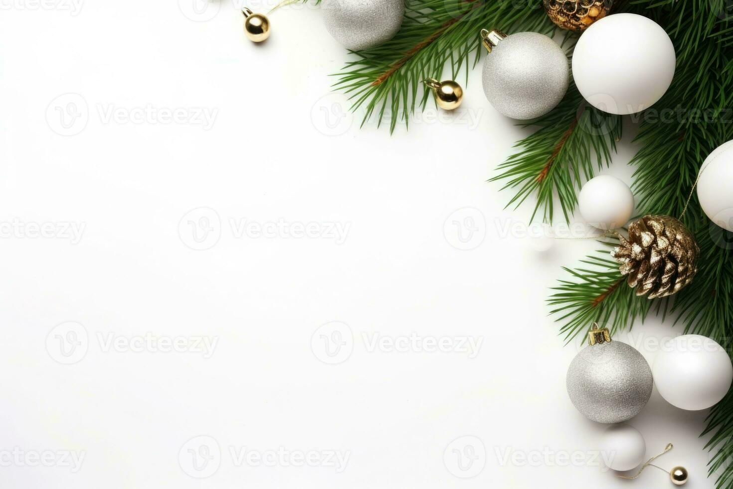 Christmas decoration with fir branches and baubles on a white background with copy space. AI generated photo