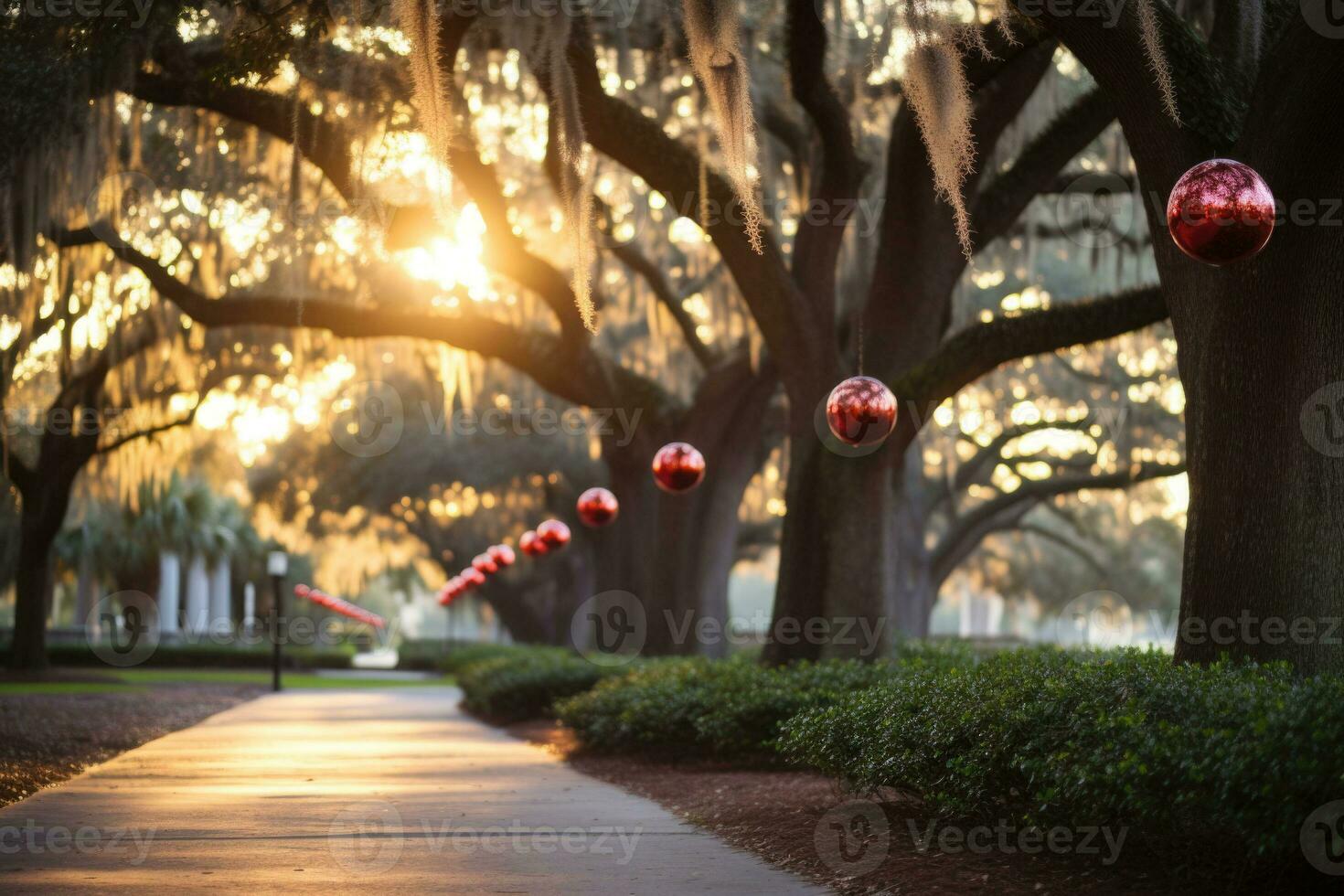 Christmas decorations in the park. Trees with natural details and christmas balls. AI generated photo