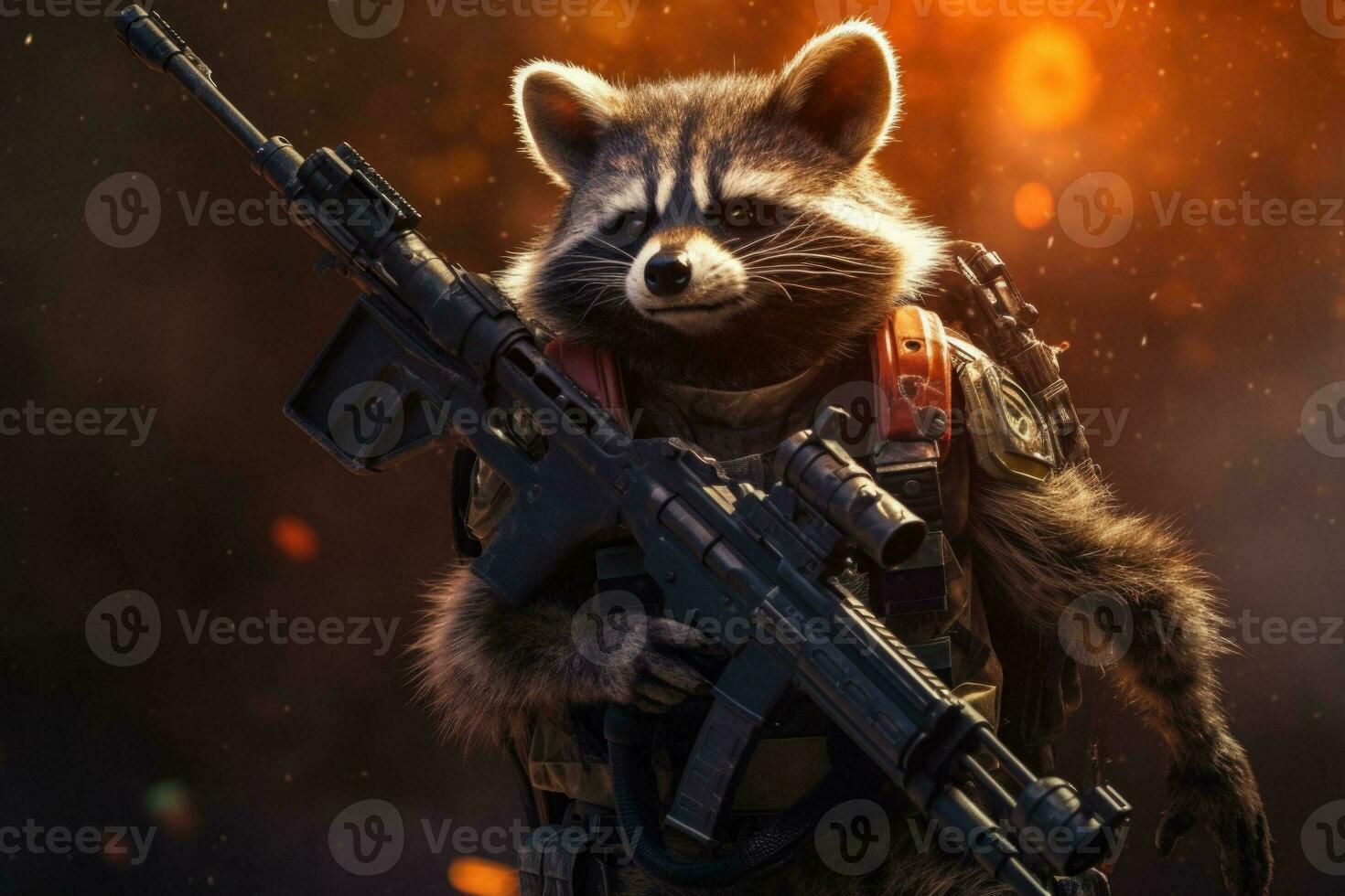 Racoon in body armor and with a machine gun. Beast in an armor with glowing eyes. Generative AI photo