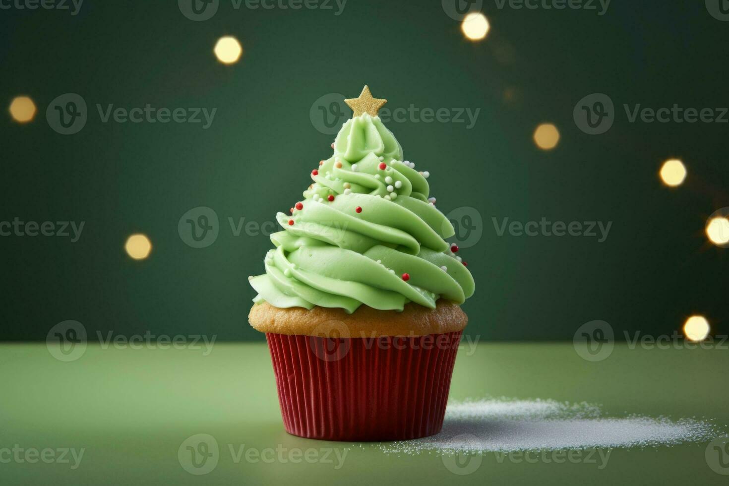 Green christmas tree shaped cupcake and christmas decoration. AI generated photo