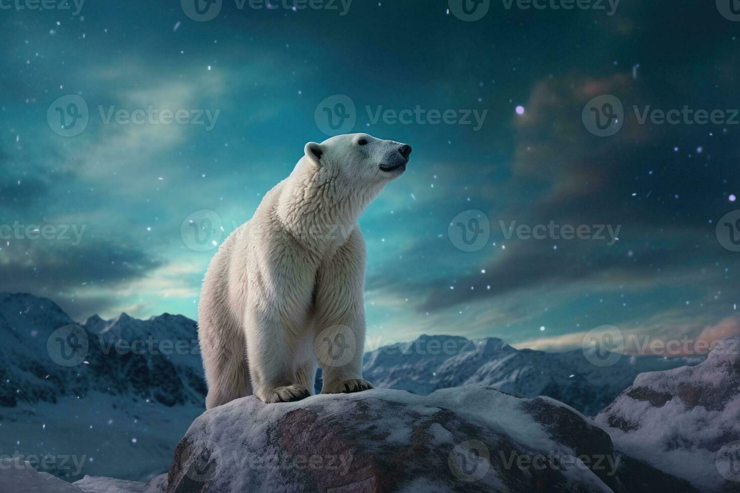 A white bear stands on a snowy mountain top. Animal portrait. Generative AI photo