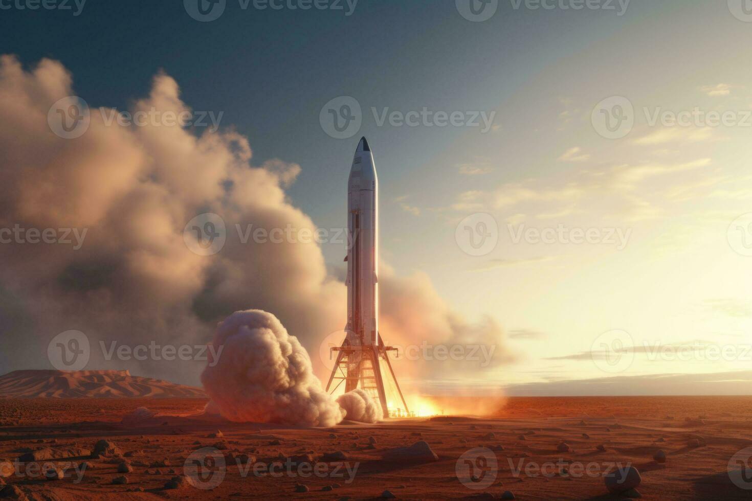 Spacecraft takes off into space from mars. Concept space travel to mars. Generative AI photo